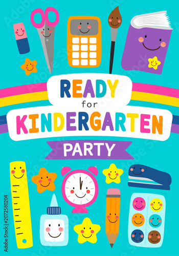 Ready for Kindergarten Party Invitation with Cute School Supplies Characters, Rainbow and Kawaii Classroom Objects