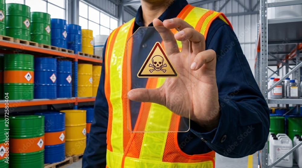Fototapeta premium Industrial warehouse worker holds a transparent sign with a toxic hazard warning symbol while standing in front of colorful chemical storage barrels