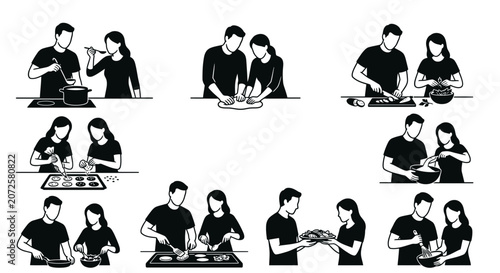 Photos Cooking Sequence Illustrations Dark Blue Silhouette Style On Black Background