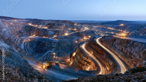 Vast open-pit mine at twilight, illuminated by artificial lights and vehicle trails