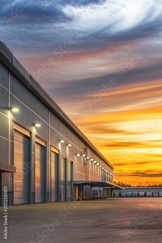 Industrial warehouse with loading docks at sunset building
