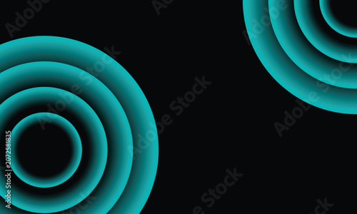 Abstract geometric background featuring glowing turquoise concentric circles on a black backdrop, creating a modern futuristic design with depth, symmetry, contrast, and copy space.