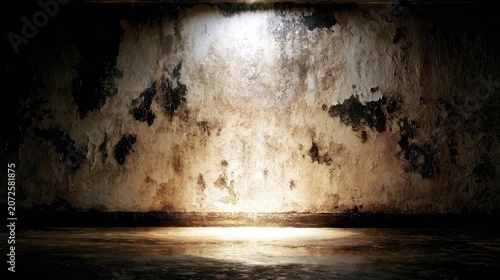 Dimly lit, aged, textured wall with a harsh spotlight on a gritty floor
