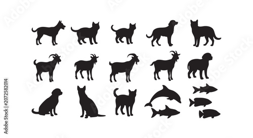 Collection of animal silhouettes including dogs cats goats fish and dolphins on white background simple cartoon style.