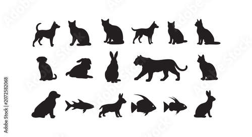 Collection of animal vector silhouettes showing dogs cats rabbits tigers fish and sharks.
