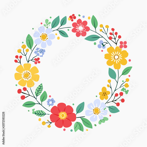 Floral Wreath with Colorful Flowers and Leaves