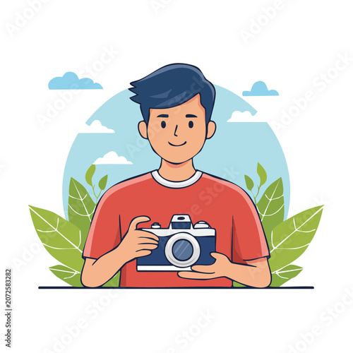 Man holding camera in flat illustration style