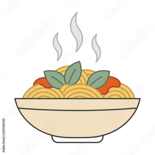 Steaming bowl of spaghetti with tomato and basil