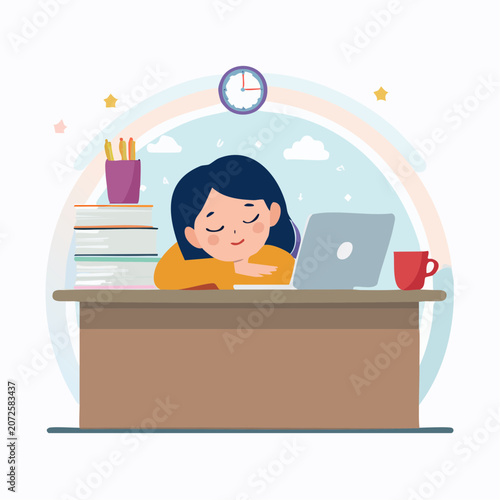 Tired student sleeping at desk with laptop and books
