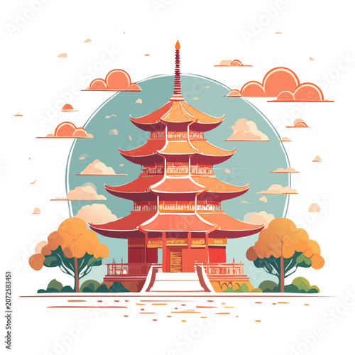 Traditional East Asian Pagoda with Tiered Roofs and Trees