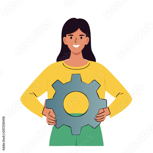 Woman holding large gear illustration