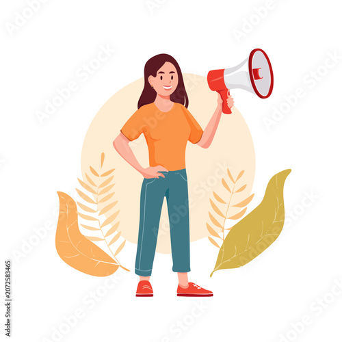 Woman holding megaphone in flat illustration style