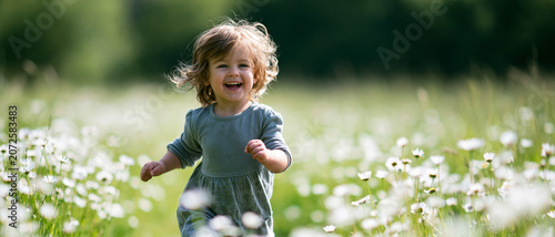 Young girl running joyfully through a field of wildflowers  
