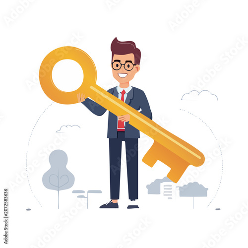 Businessman holding giant golden key illustration