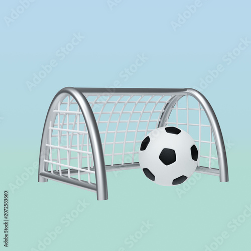 3D render soccer goal net with football for scoring concept