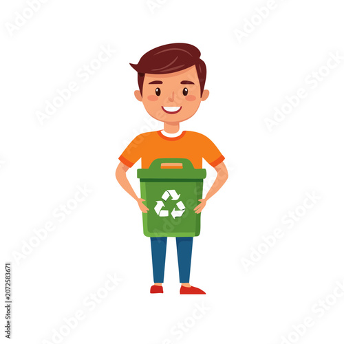 Cartoon boy holding green recycling bin