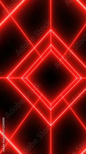 Glowing red neon geometric lines form a futuristic tunnel