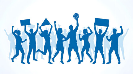 Blue silhouettes of people celebrating with signs and a volleyball in a crowd