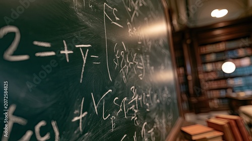 Chalkboard covered in complex math equations, with library bookshelves blurred behind
