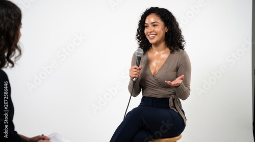 A young woman with curly hair speaking into a microphone while being interviewed on a white studio background.