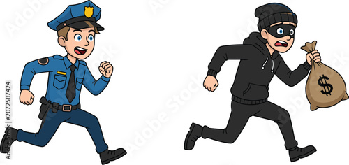 Konstfotografi Police chase cartoon vector, officer and thief illustration, crime scene artwork