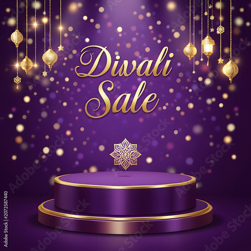 Luxury Deepavali Festival Sale Background with Gold Stage Showcase and Bokeh Lights