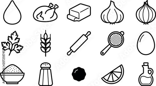 Chicken baking recipe cooking ingredients line art vector icons for restaurant culinary menu cookbook packaging design ui.