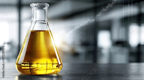 A clear flask filled with golden liquid sits on a dark surface