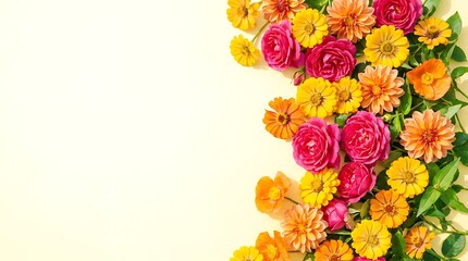 Brightly colored fresh flower bouquet on a light yellow background perfect for stationery design