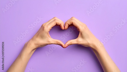 Two hands forming a heart shape against a solid purple background