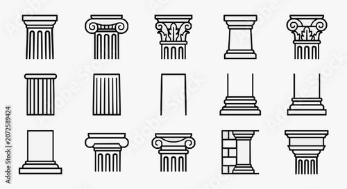 Cuadro en lienzo Minimalist Black and White Line Art Collection of Various Architectural Columns