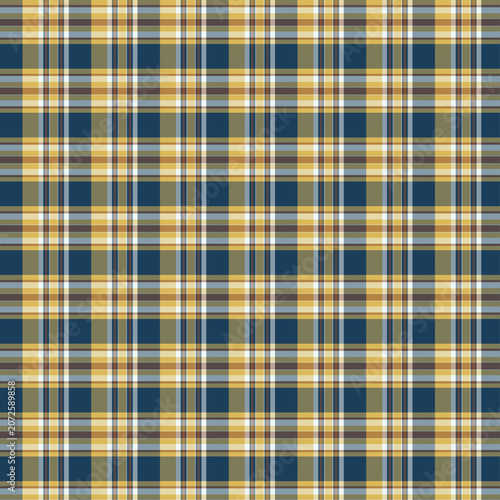 Seamless navy blue and yellow plaid pattern background. Classic checkered tartan vector design for collegiate fashion, flannel shirts, school uniforms, and autumn textiles.