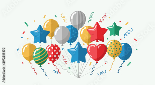 Fényképezés Colorful balloons and stars with ribbons and confetti float