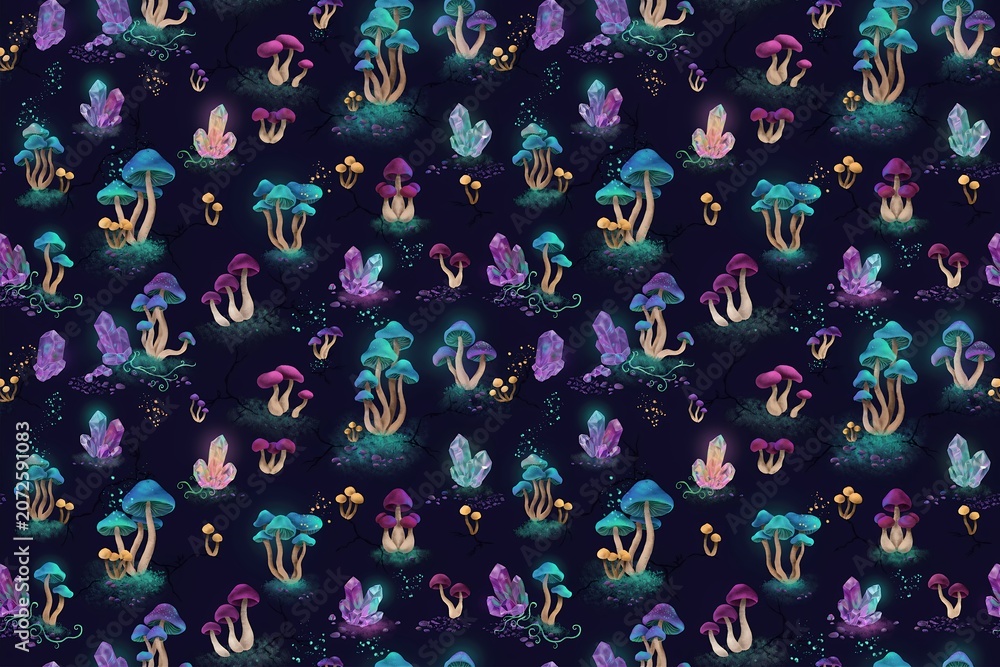 Naklejka premium Seamless pattern with glowing bioluminescent mushrooms and sparkling crystals in purple, blue, and teal colors on a dark navy background texture