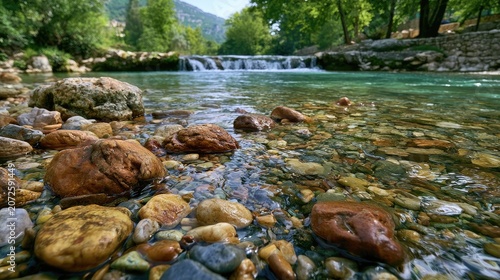 Clear shallow water cascades over colorful rocks in a lush green forest