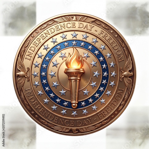 Independence Day coin with torch and stars on white background