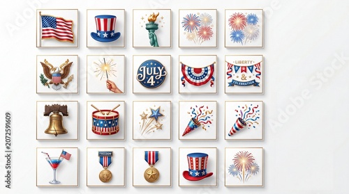 Patriotic 4th of July icons for Independence Day celebration