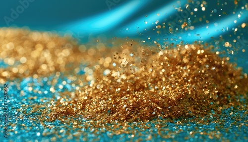 Macro shot of golden particles shimmering against a textured turquoise background