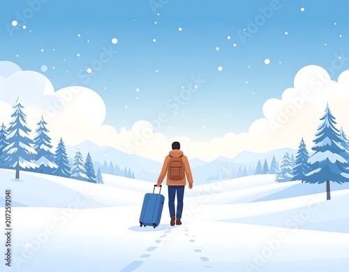 Person with luggage walking through snowy landscape winter travel adventure
