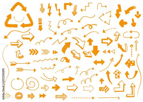 Foto Hand drawn orange arrow vector icons collection set; rough doodle pointer mega p