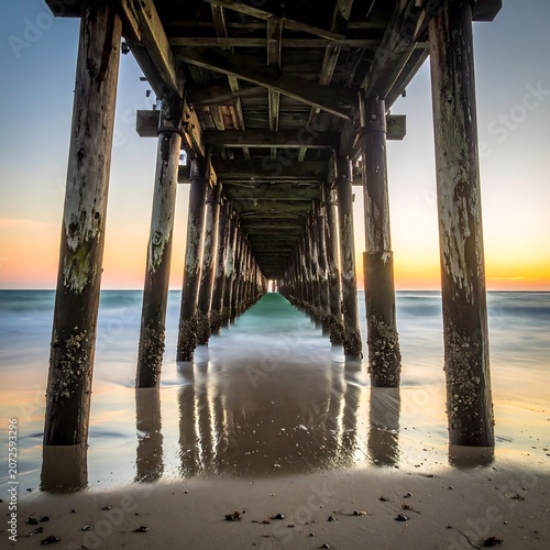 Pier walkway structure over sandy beach and ocean water at sunset