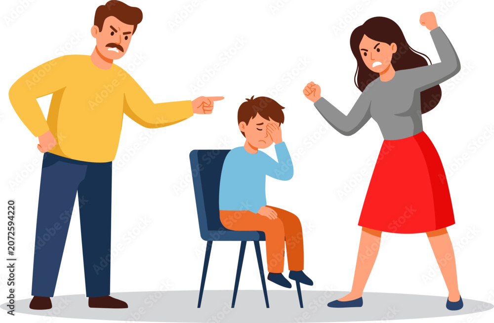 Obraz premium Vector illustration of angry parents scolding a sad child sitting on a chair during family conflict
