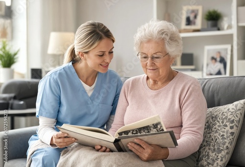 Young adult female nurse caregiver providing compassionate home health care to a mature adult senior woman, creating companionship while both are looking at an old photo album on a sofa