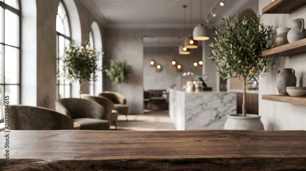 Fototapeta premium Empty Wooden Table in Modern Cafe Interior with Mediterranean Style for Product Placement Presentation Website Banner
