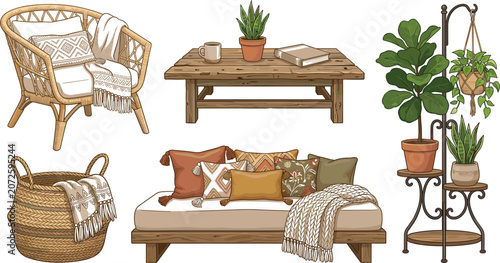 Foto Boho chic living room furniture vector illustration set with rattan armchair woo