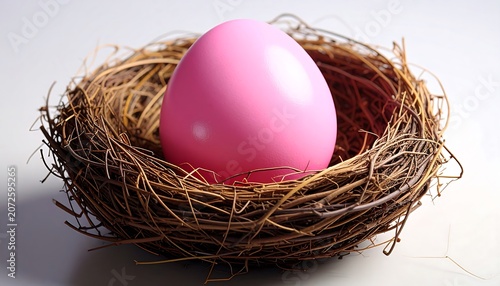 Pink easter egg nestled in a natural bird nest against a white background
