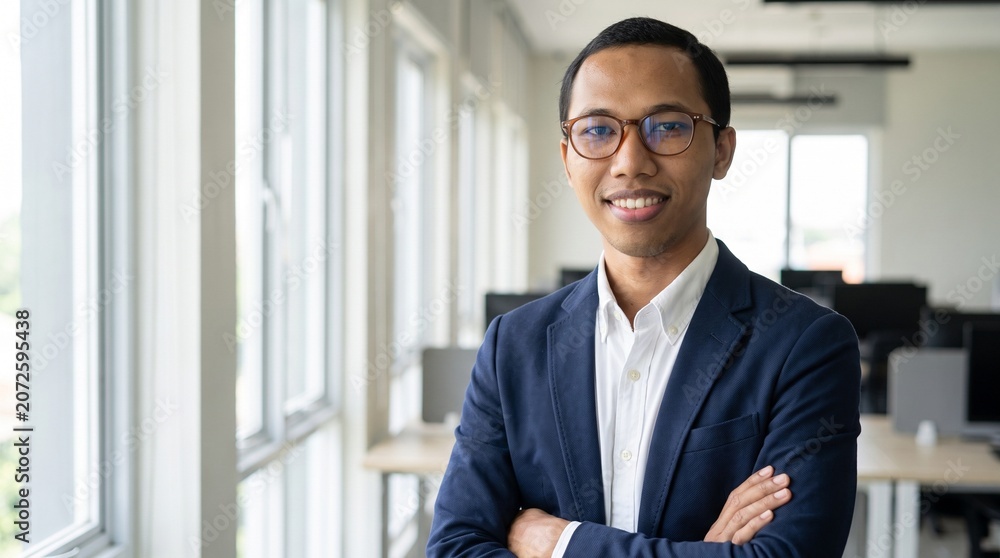 Fototapeta premium Smiling younger bank manager or investor, happy business man boss ceo, confident mid adult professional businessman executive standing in office, young entrepreneur headshot portrait.