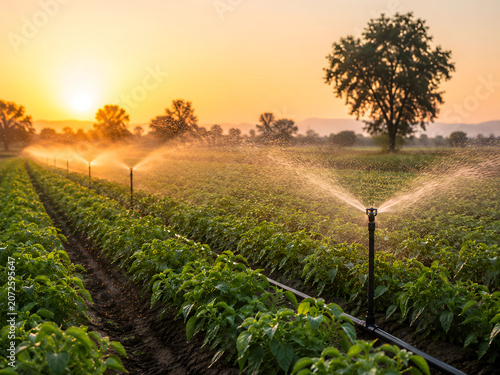 Irrigation Sprinklers Watering Green Crop Field at Sunset – Modern Agriculture Farming