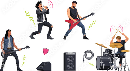 Fotografía Rock Band Musicians Character Set with Singer, Electric Guitarist, Bass Player,