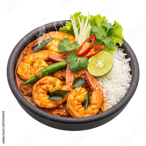 Delicious shrimp and rice bowl with fresh vegetables isolated on transparent background